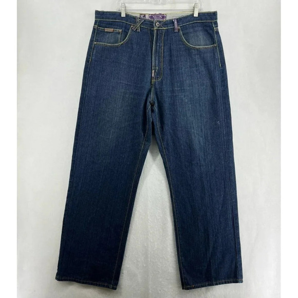 LRG Jeans Men's Sz 38 Blue Baggy High-Rise Straight Leg Embroidered Denim - Picture 1 of 13